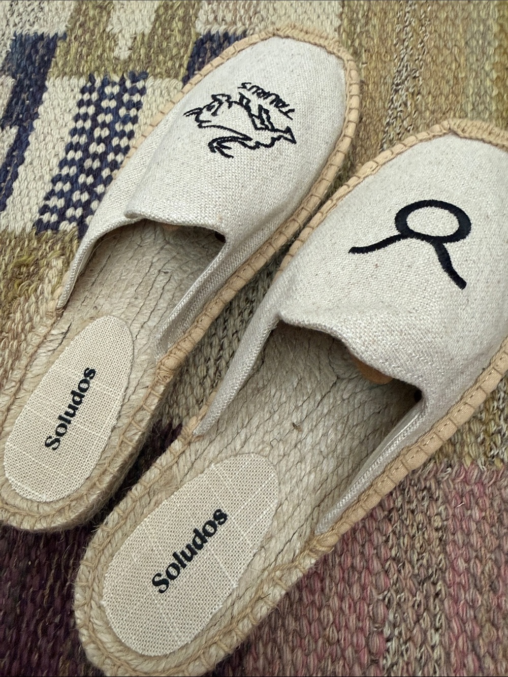 Soludos Natural Canvas Slip-On Espadrille Mules with Black Embroidery